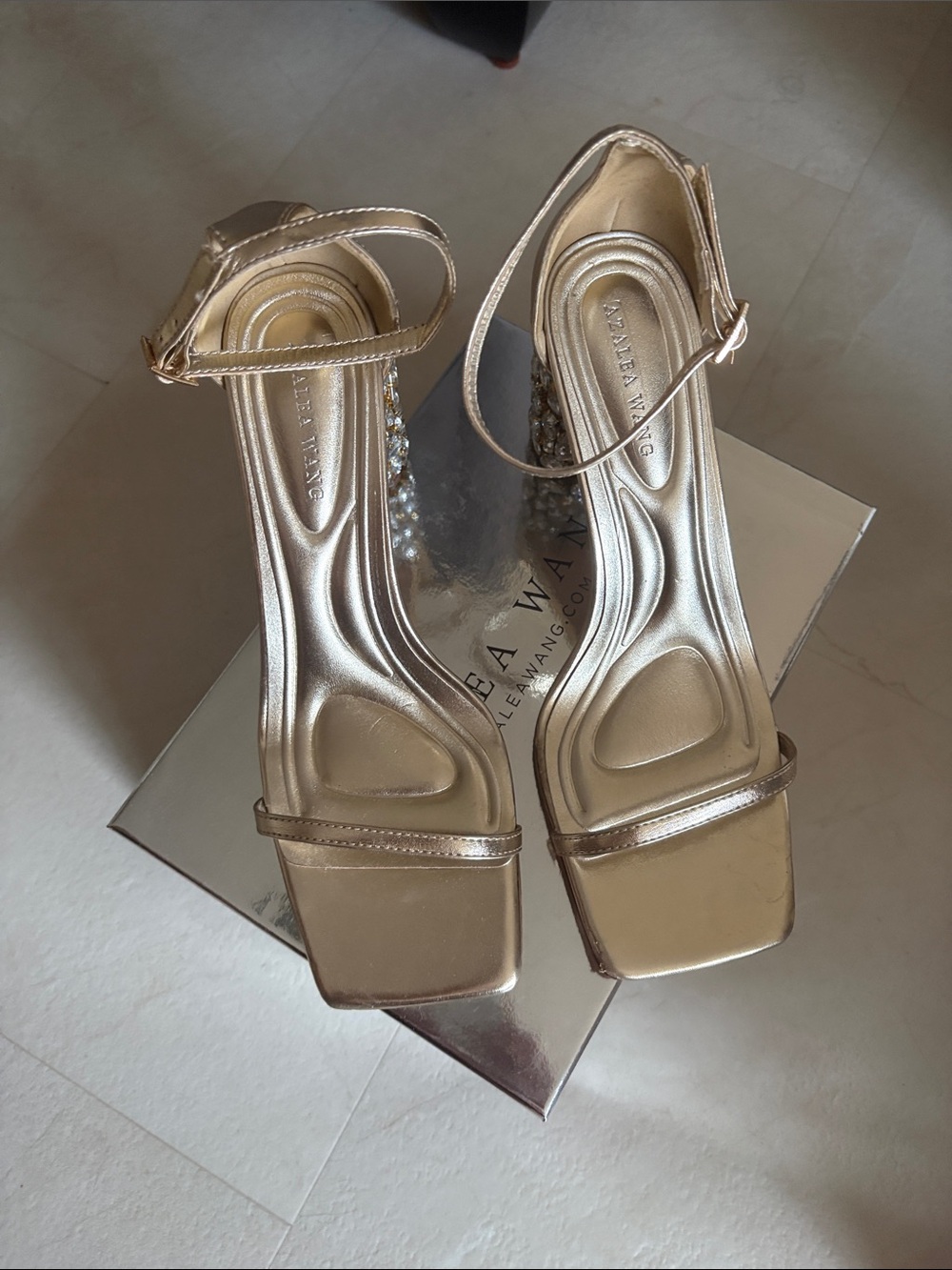 Azalea Wang Metallic Gold Crystal Block Heel Sandals - Picture 2 of 5